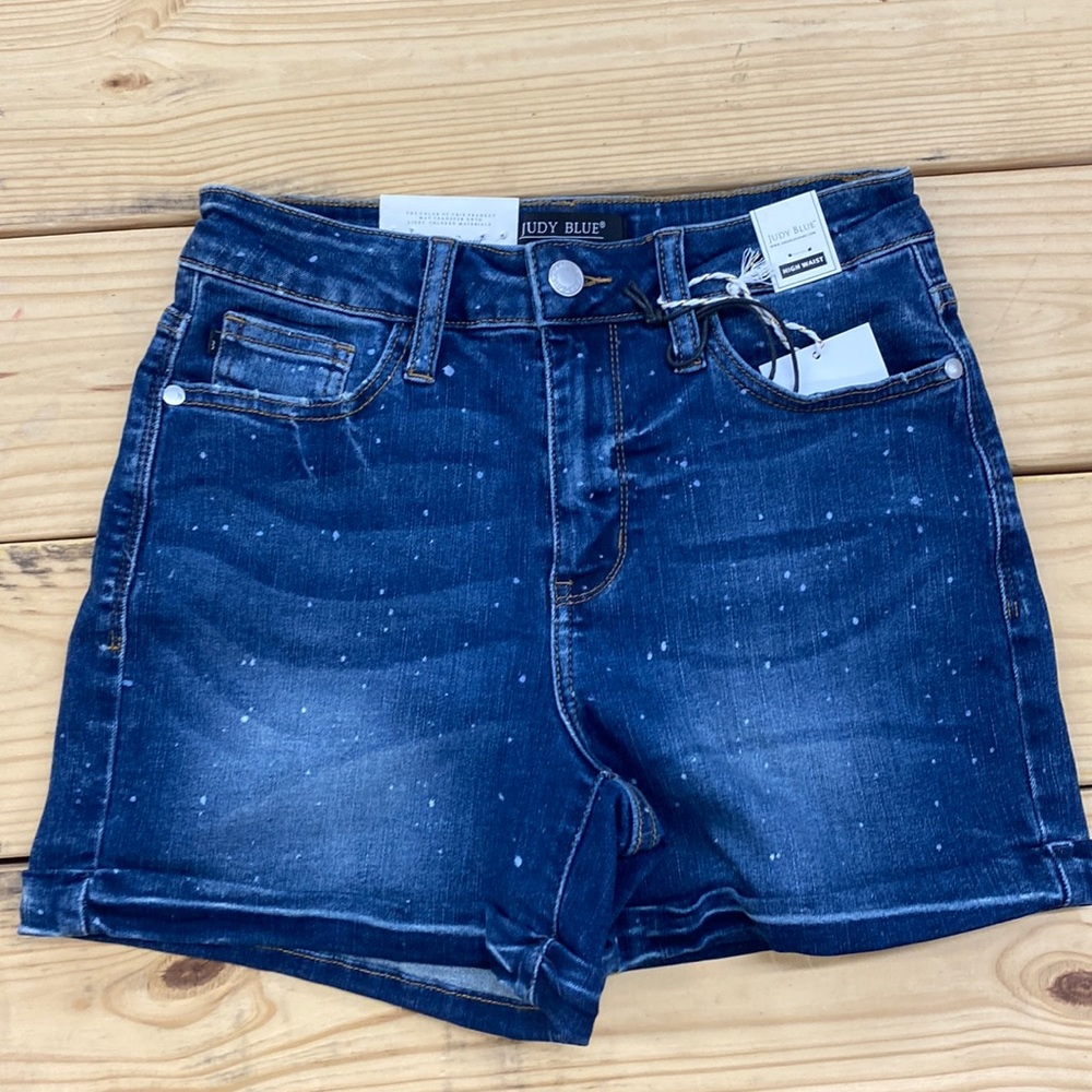 Judy Blue Dark Wash Distressed Jean Shorts with Paint Splatter